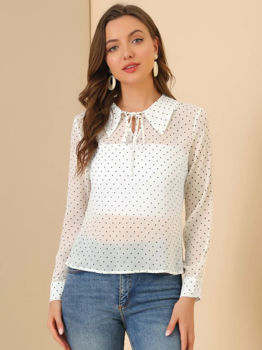 Allegra K Women's White Sheer Chiffon Blouse with Heart Dots and Turn Down Collar Long Sleeve Top