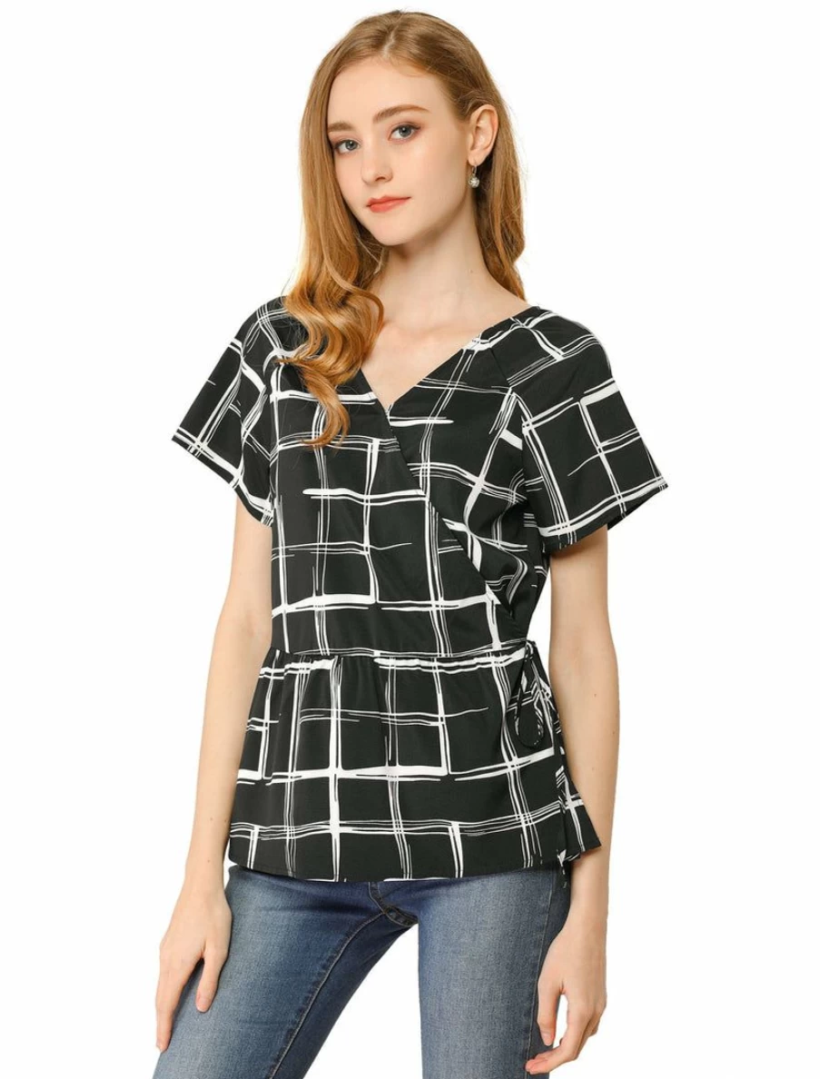 Black V-Neck Wrap Peplum Top with Plaid Print and Drawstring Waist for Women