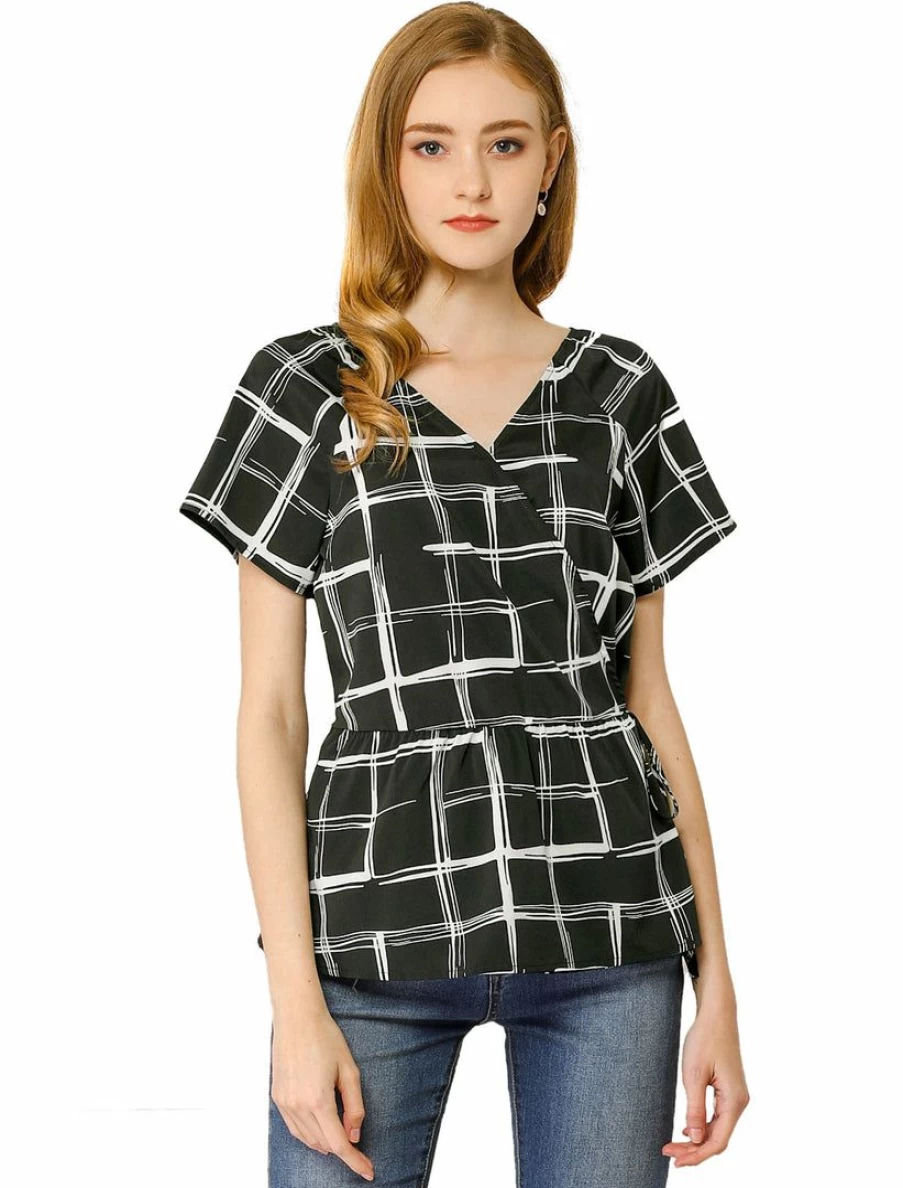 Black V-Neck Wrap Peplum Top with Plaid Print and Drawstring Waist for Women