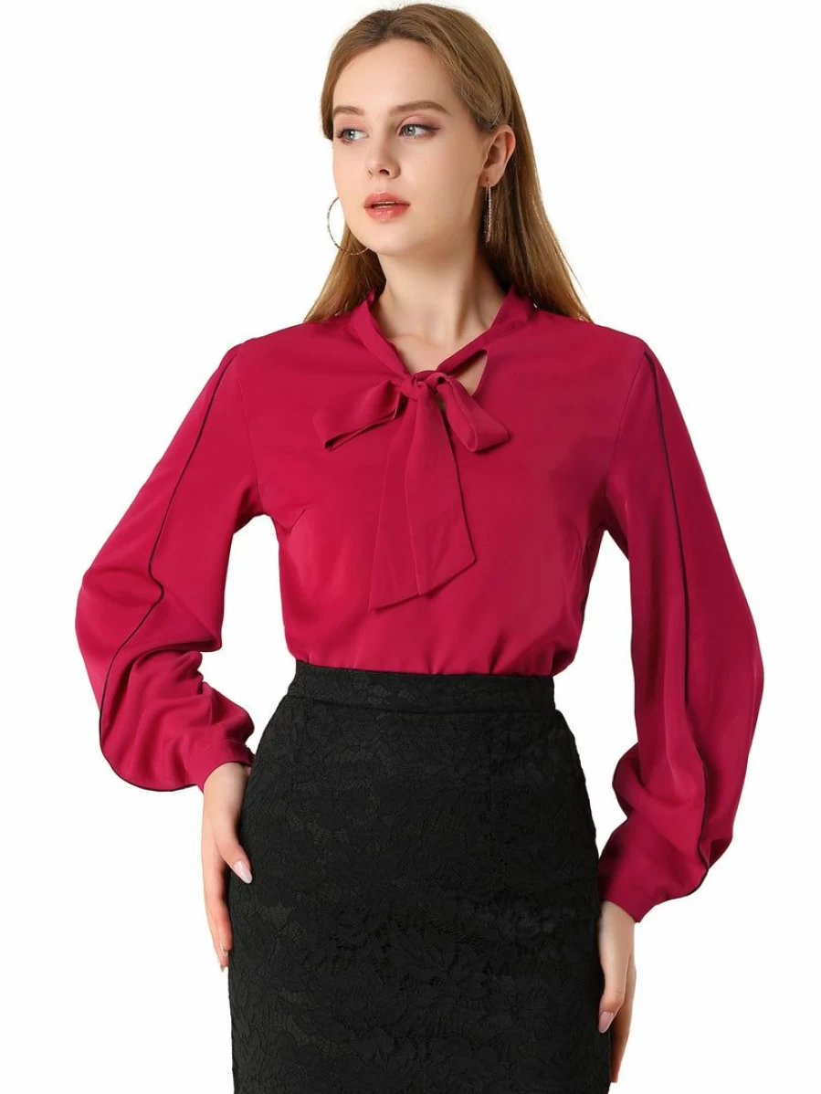 Women's Long Sleeve Loose Blouse with V-Neck and Contrast Piping - Casual Work T-Shirt Top