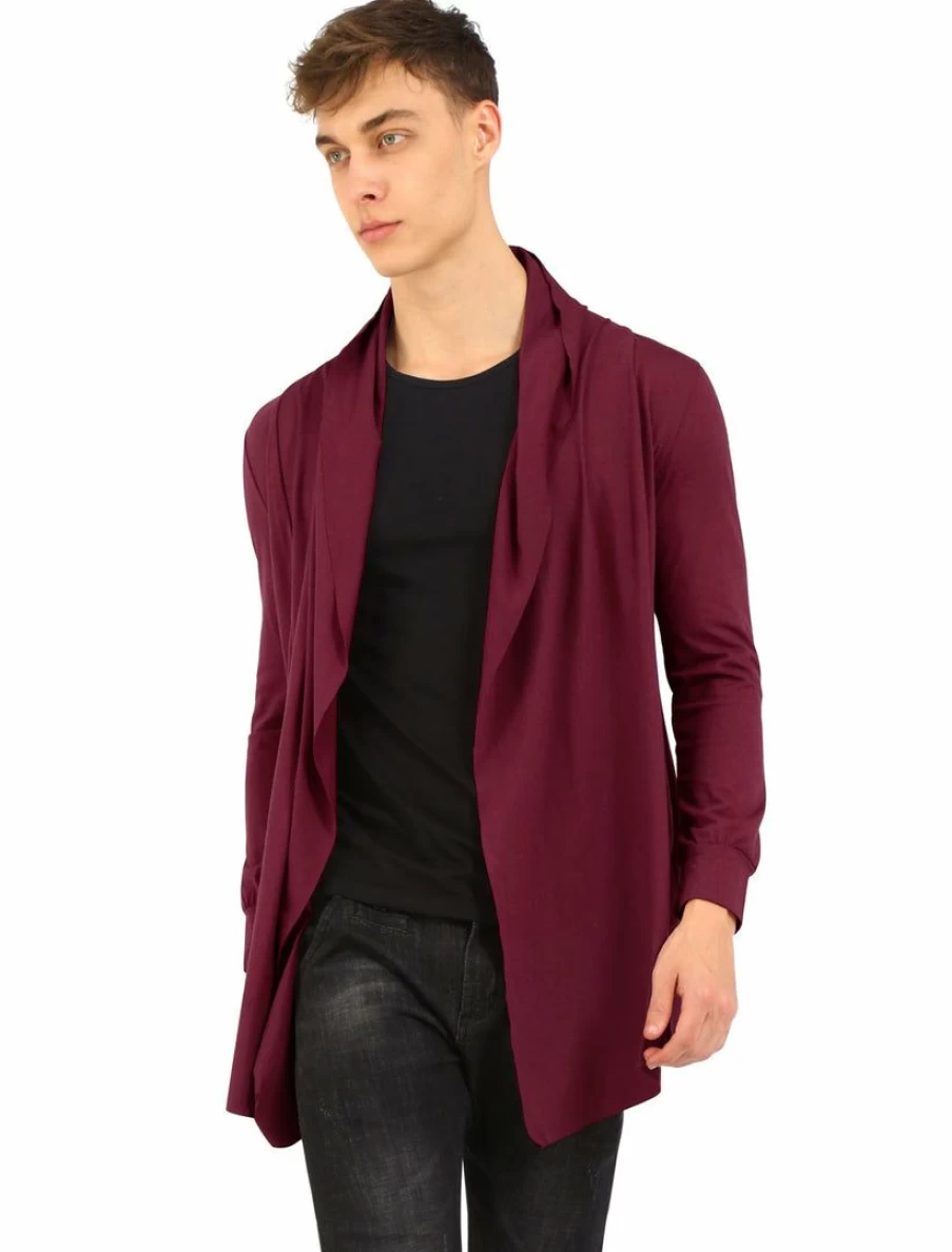 Men's Long Cardigan with Shawl Collar, Open Front, and Pockets - High-Low Hem Design