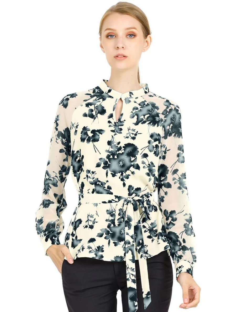 Beige Floral Peplum Blouse for Women - Elegant Work Shirt with Long Raglan Sleeves and Collar