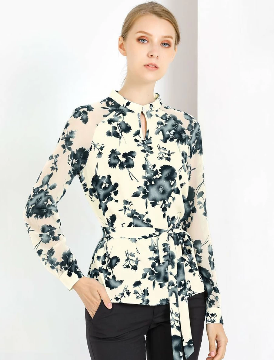 Beige Floral Peplum Blouse for Women - Elegant Work Shirt with Long Raglan Sleeves and Collar