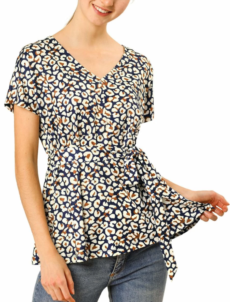 Women's Leopard Print V-Neck Tie Waist Loose Blouse Tops with Raglan Sleeves