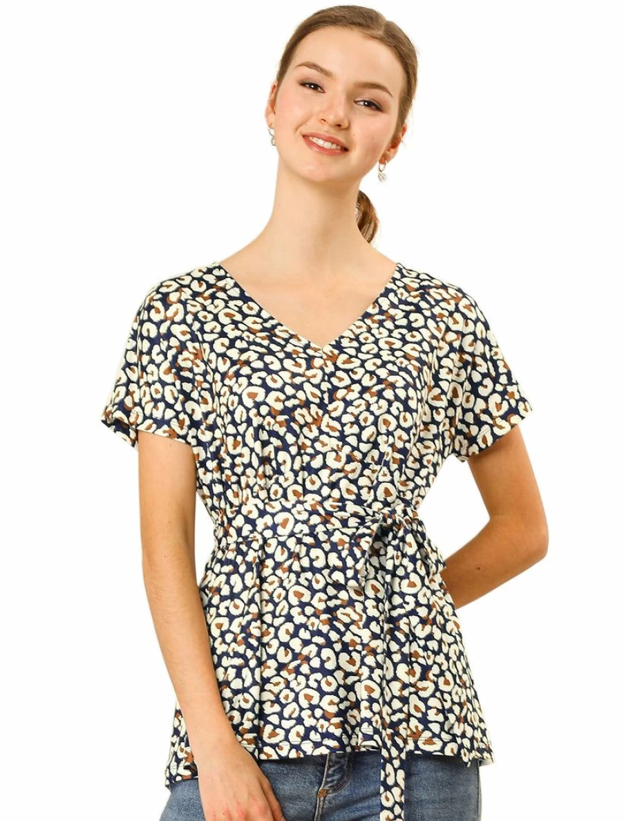 Women's Leopard Print V-Neck Tie Waist Loose Blouse Tops with Raglan Sleeves