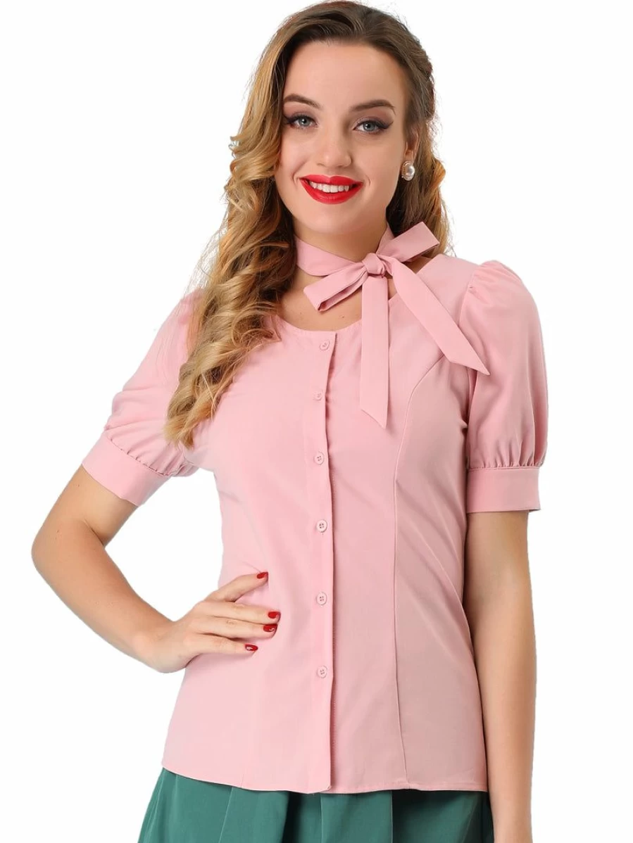 Allegra K Women's Pink Retro Puff Sleeve Cotton Blouse Button Down Shirt for Work