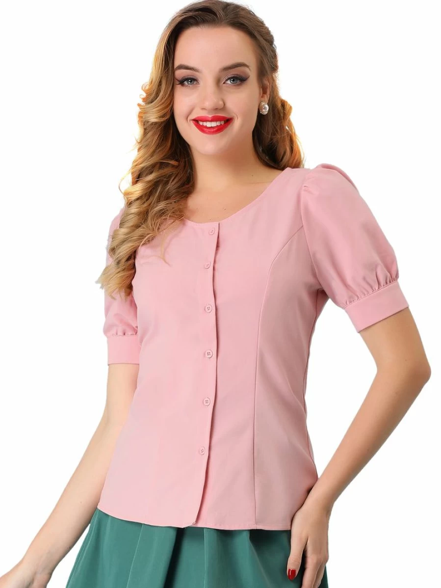 Allegra K Women's Pink Retro Puff Sleeve Cotton Blouse Button Down Shirt for Work