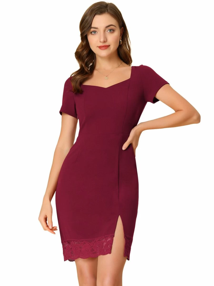 Women's Wine Red Sweetheart Neck Lace Panel Cocktail Dress - Elegant Stretch Slim Fit for Special Occasions
