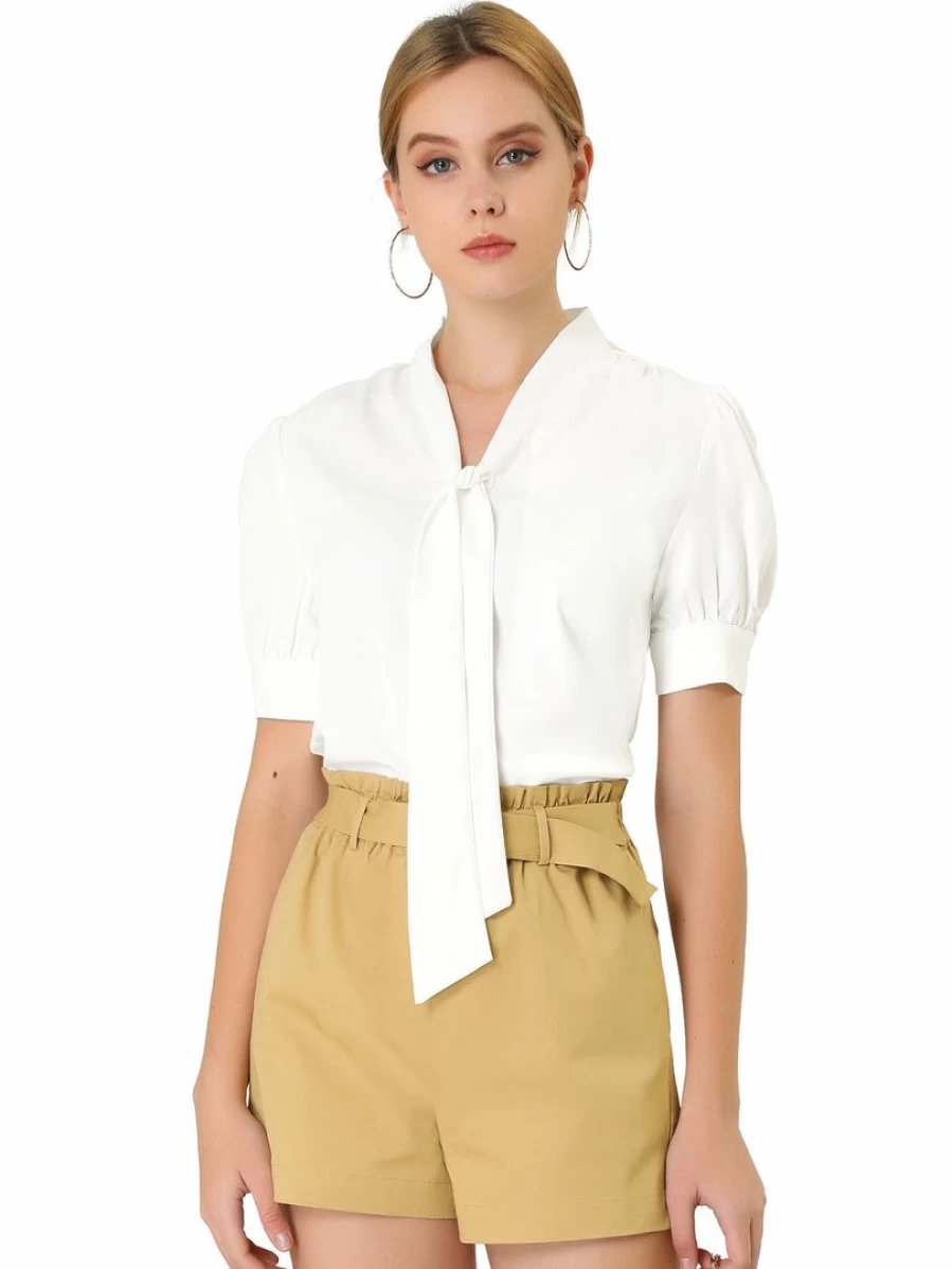 Allegra K Women's White Short Sleeve V-Neck Bow Tie Blouse for Office Work