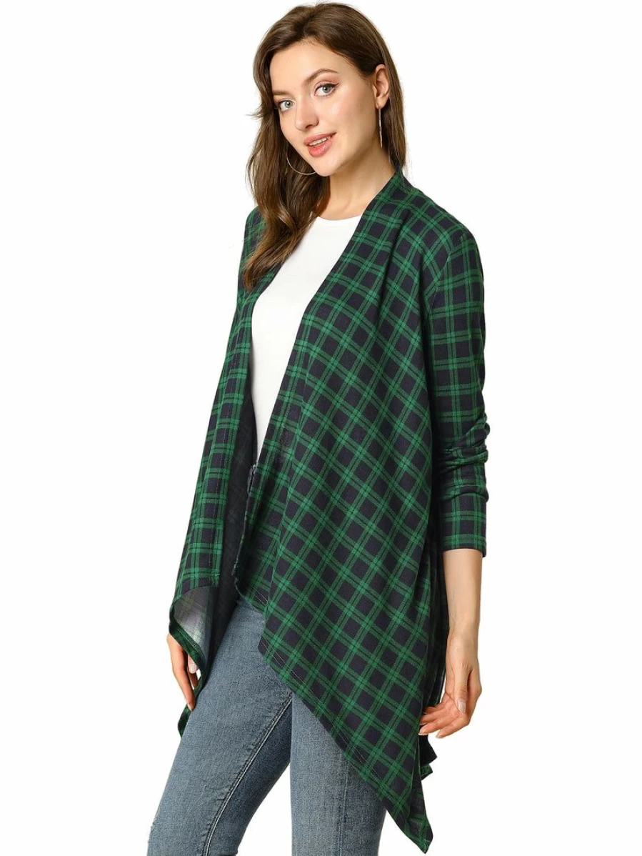 Allegra K Women's Open Front Plaid Cardigan with Handkerchief Hem