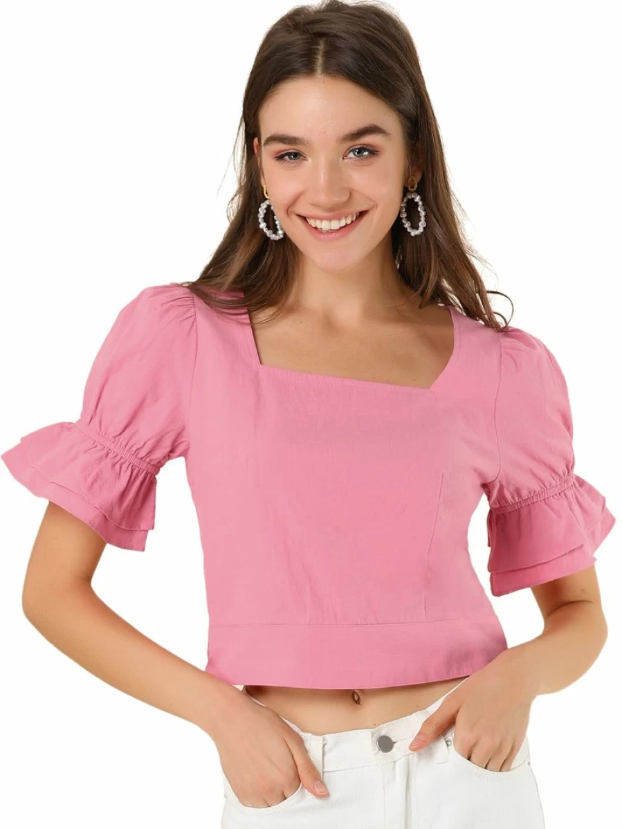 Pink Ruffle Puff Sleeve Square Neck Crop Top Tie Back Summer Blouse for Women