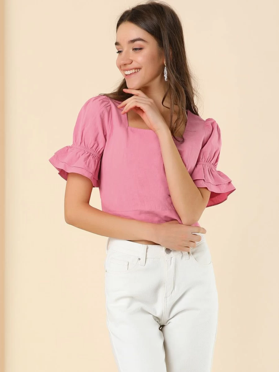 Pink Ruffle Puff Sleeve Square Neck Crop Top Tie Back Summer Blouse for Women