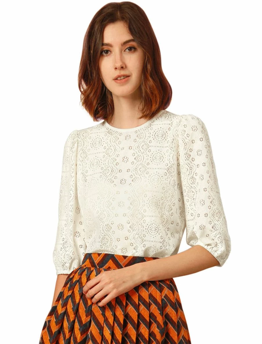 Vintage Lace Tops for Women 3/4 Lantern Sleeve Semi-Sheer Blouse Boho Chic Style