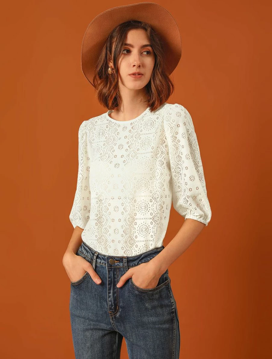 Vintage Lace Tops for Women 3/4 Lantern Sleeve Semi-Sheer Blouse Boho Chic Style