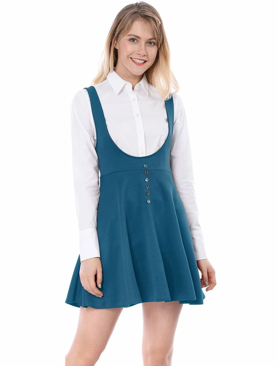 Women's Suspender Skirt with Button Decor and Flared Hem - Knee-Length A-Line Dress