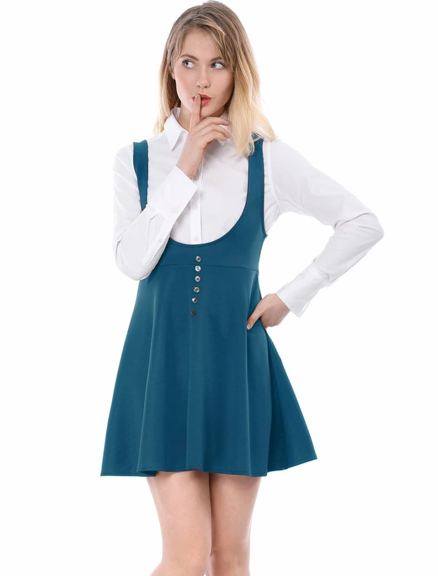 Women's Suspender Skirt with Button Decor and Flared Hem - Knee-Length A-Line Dress