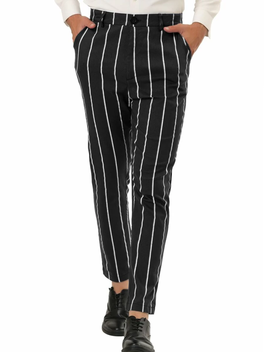 Men's Slim Fit Striped Dress Pants for Business - Flat Front Suit Trousers
