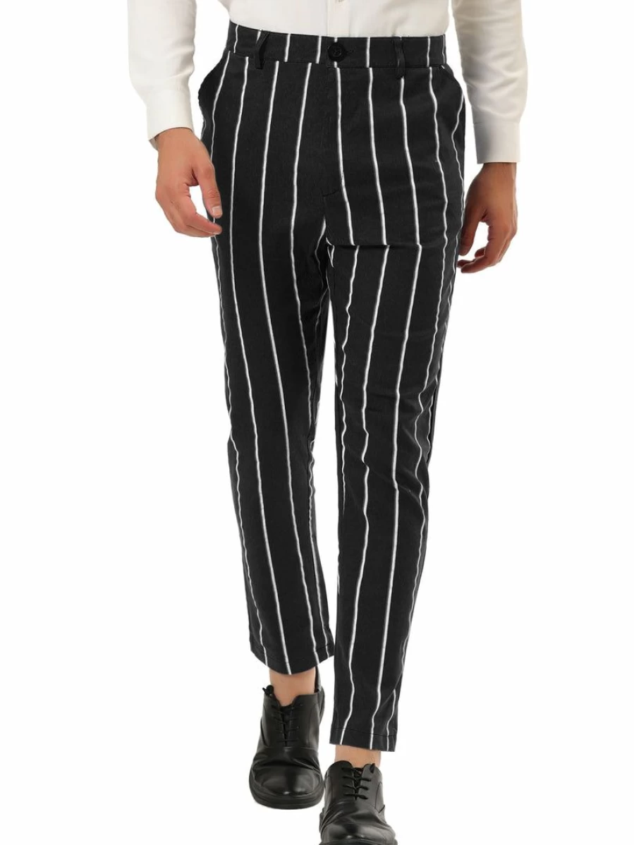 Men's Slim Fit Striped Dress Pants for Business - Flat Front Suit Trousers