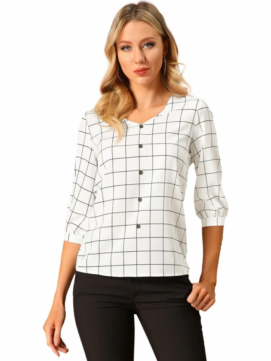 Women's Casual Plaid Shirt 3/4 Sleeve Spring Tops Checkered Blouse for Everyday Wear