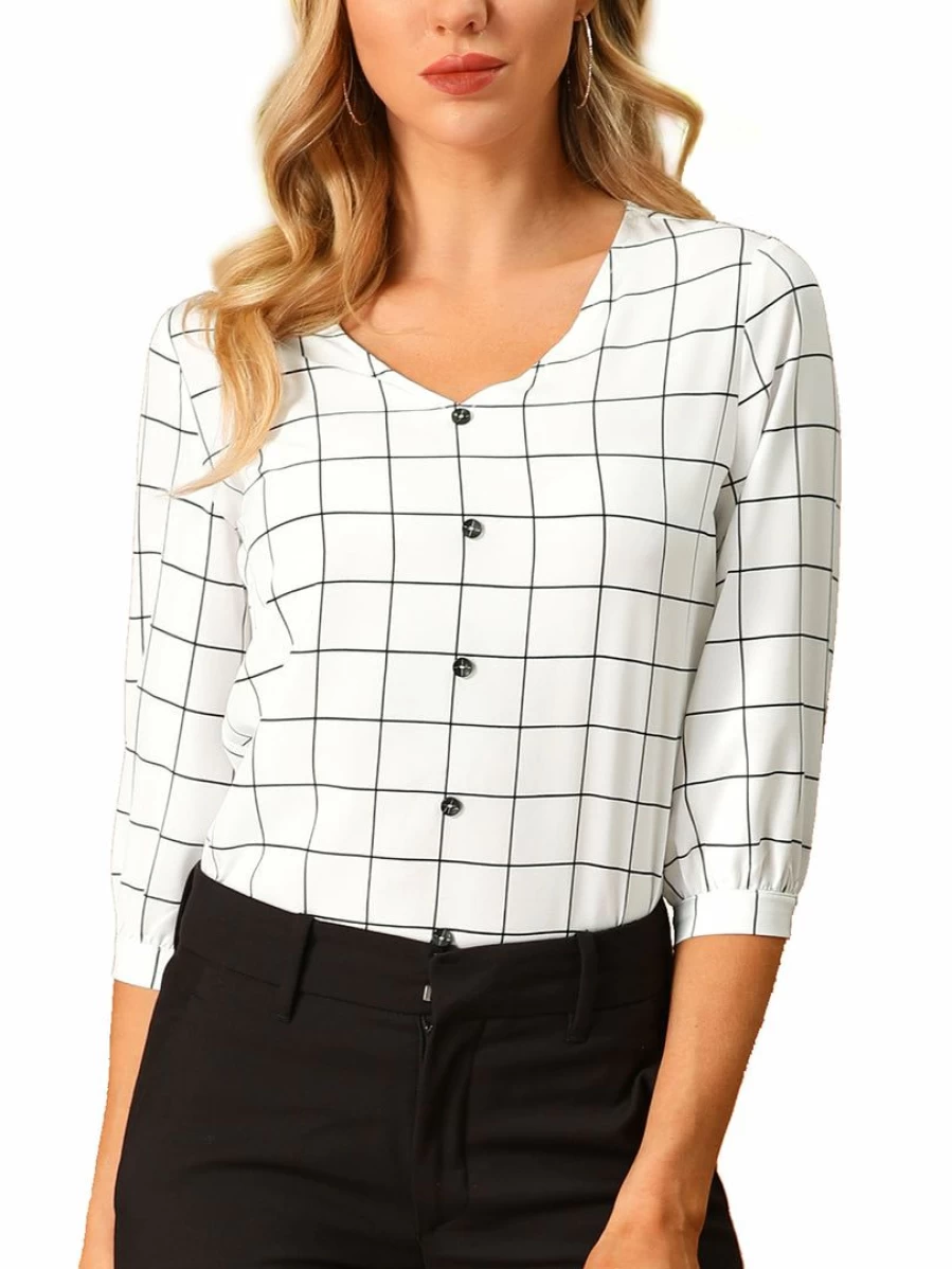 Women's Casual Plaid Shirt 3/4 Sleeve Spring Tops Checkered Blouse for Everyday Wear
