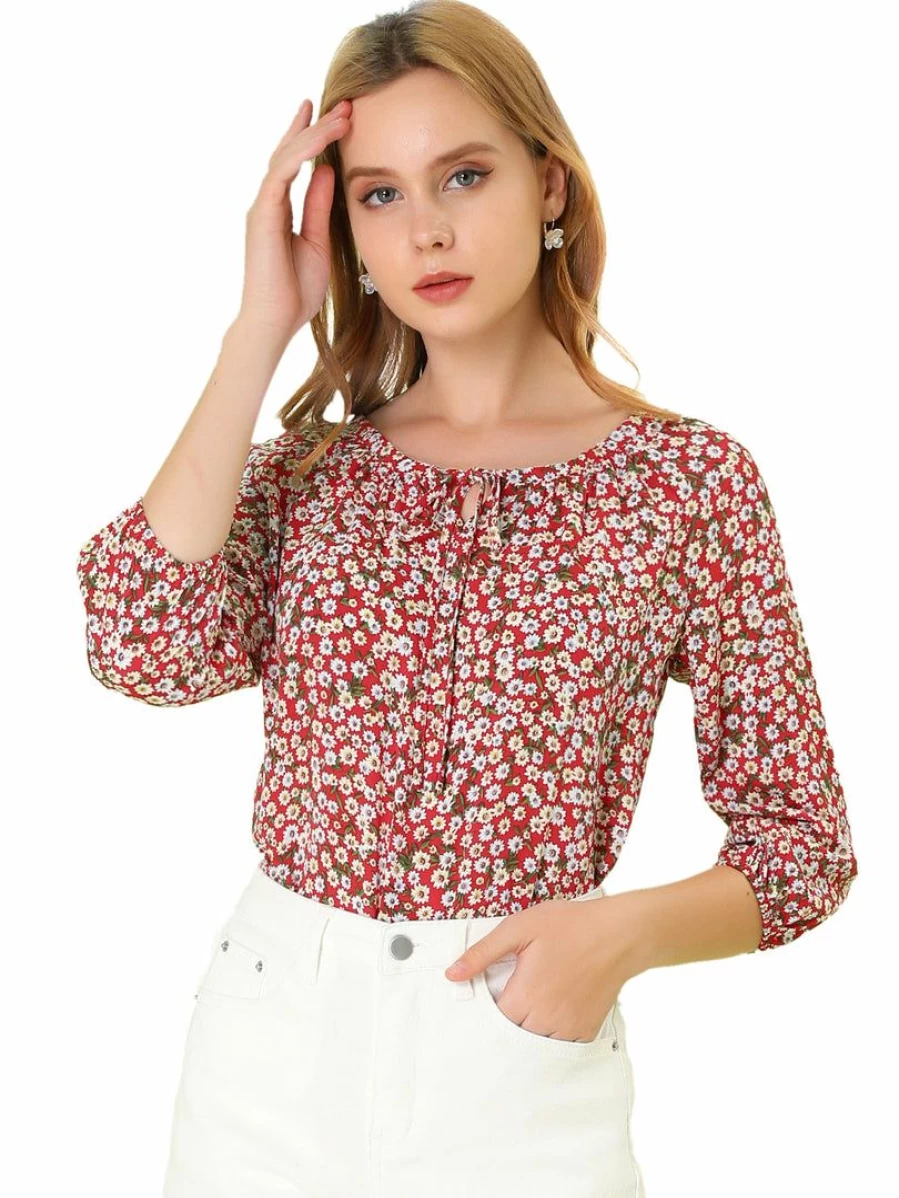 Women's Floral Print 3/4 Sleeve Raglan Blouse with Drawstring Round Neck