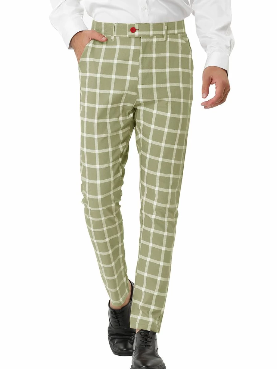 Men's Slim Fit Plaid Dress Pants Casual Business Checked Trousers Flat Front