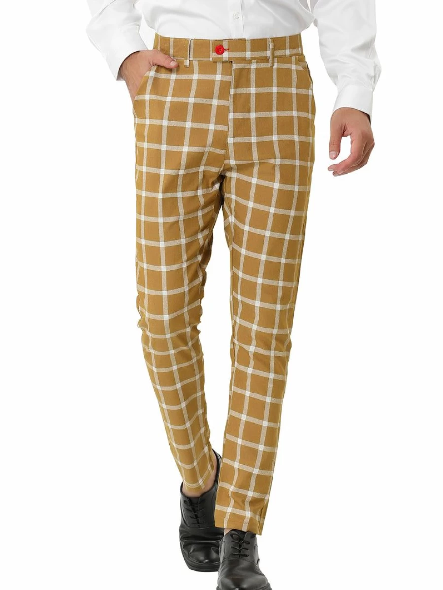 Men's Slim Fit Plaid Dress Pants Casual Business Checked Trousers Flat Front