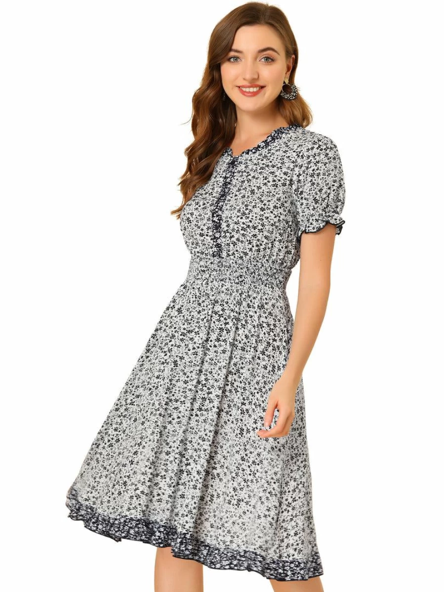 Black Floral Sundress for Women with Ruffle Neck and Smocked Waist - Short Sleeve Summer Dress