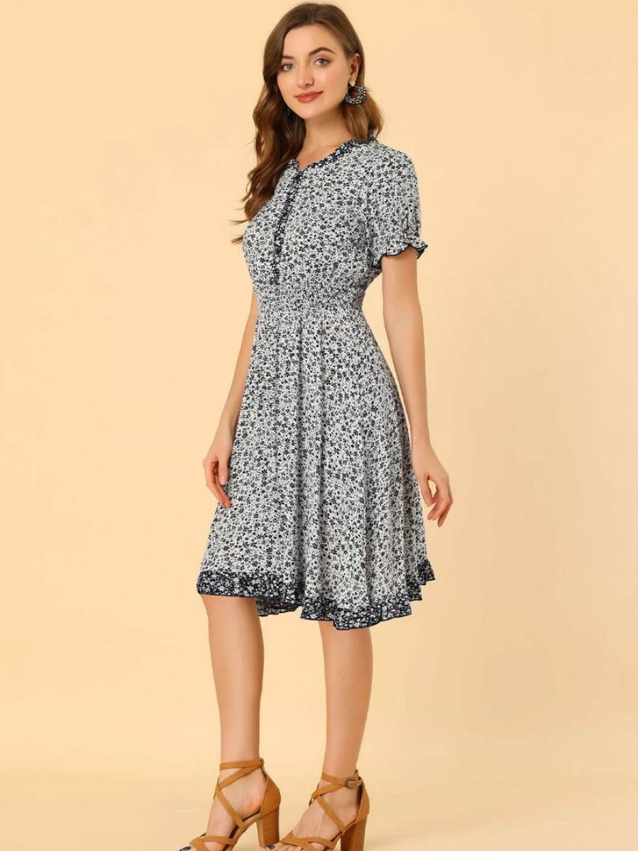 Black Floral Sundress for Women with Ruffle Neck and Smocked Waist - Short Sleeve Summer Dress