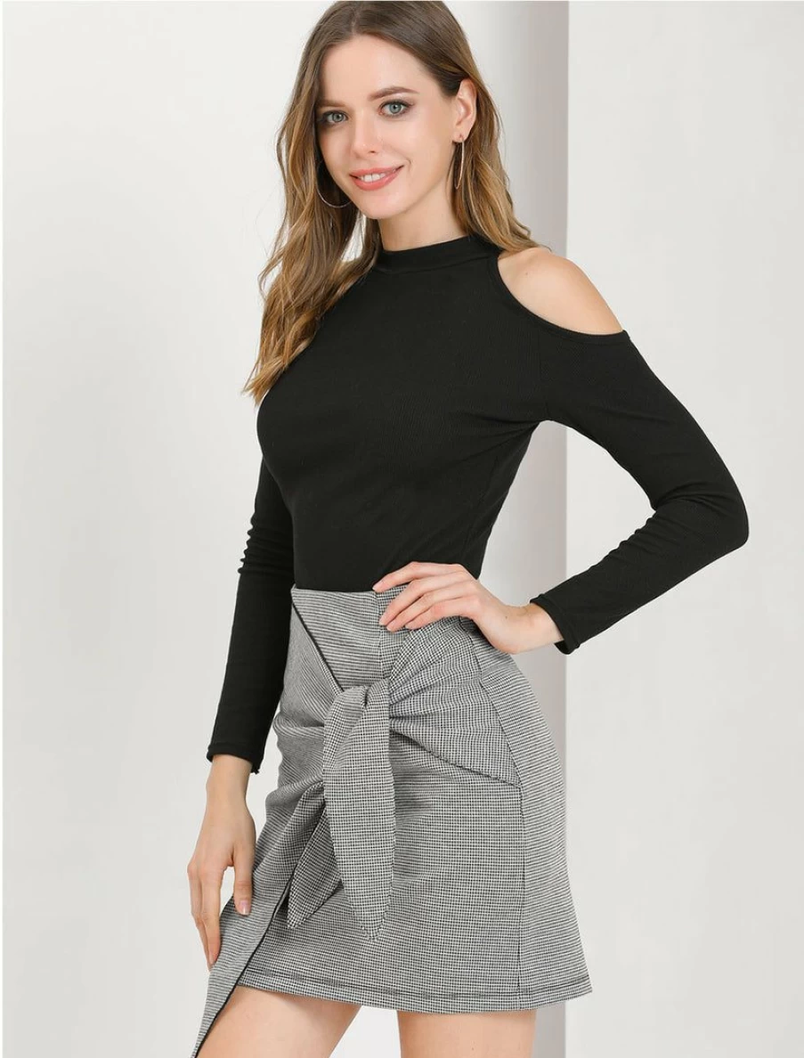 Women's White Black Houndstooth Wrap Mini Skirt with Tie Waist for Work
