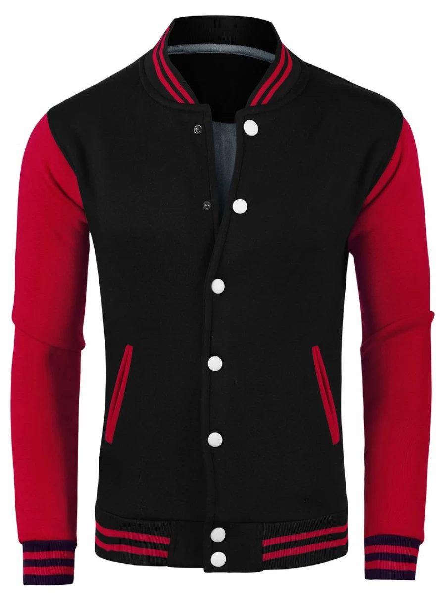 Men's Classic Color Block Varsity Baseball Jacket - Sporty Bomber Style Button-Down Coat