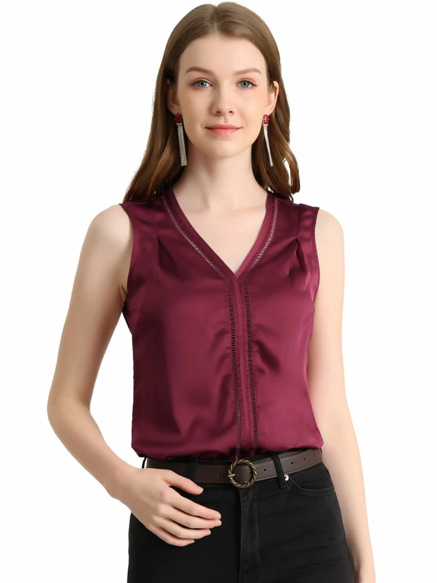 Elegant Wine Red Satin Blouse for Women - Hollow Out V Neck Sleeveless Office Top