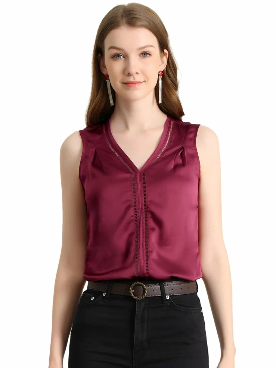 Elegant Wine Red Satin Blouse for Women - Hollow Out V Neck Sleeveless Office Top