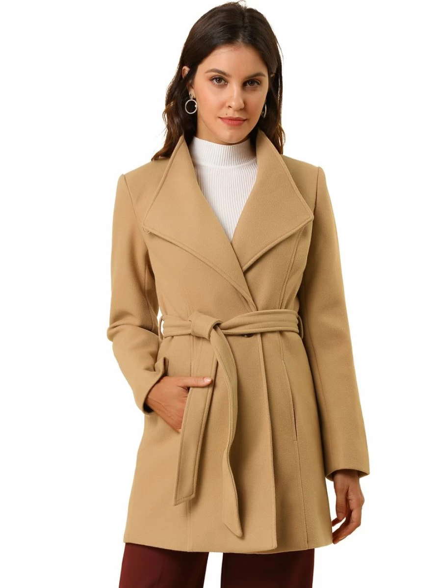 Women's Classic Stand Collar Long Sleeve Winter Belted Trench Coat with Warm Lining