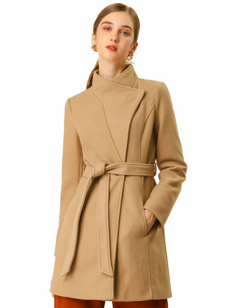 Women's Classic Stand Collar Long Sleeve Winter Belted Trench Coat with Warm Lining