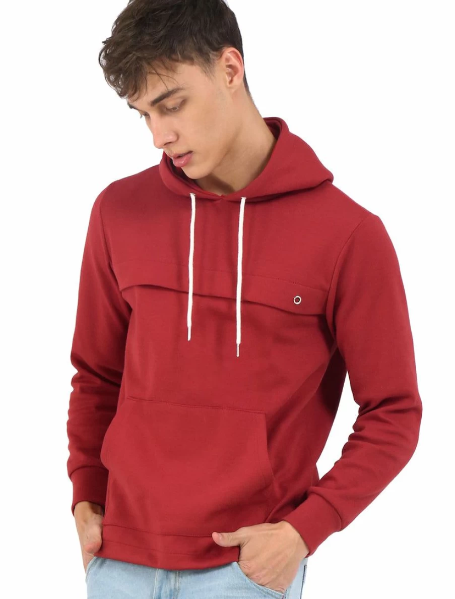 Burgundy Men's Casual Pullover Hoodie with Pocket Solid Color Sport Sweatshirt