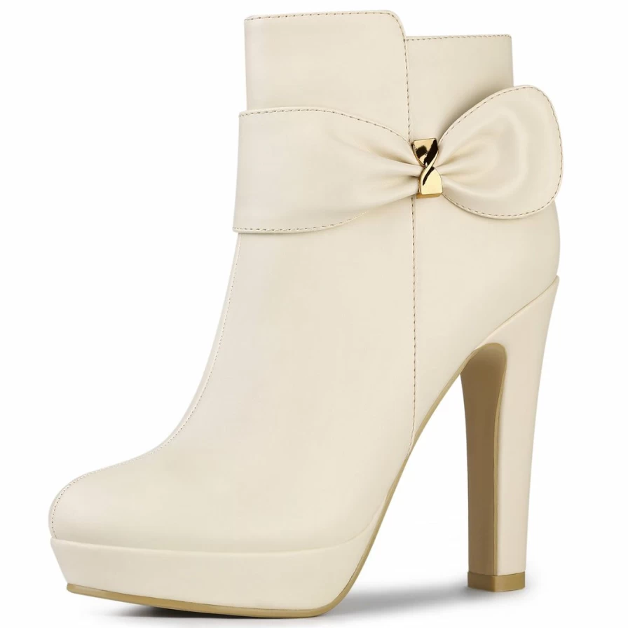 Women's Chunky High Heel Platform Ankle Boots with Bow Decor - Fashion Knee High Boots for Women