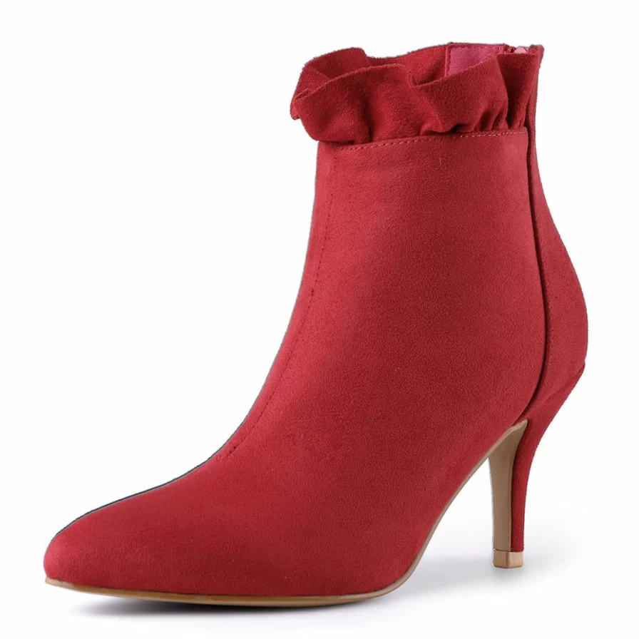 Women's Stylish Pointed Toe Stiletto Heel Ankle Boots with Ruffle Detail - Fashionable High Heel Booties for Elegant Outfits