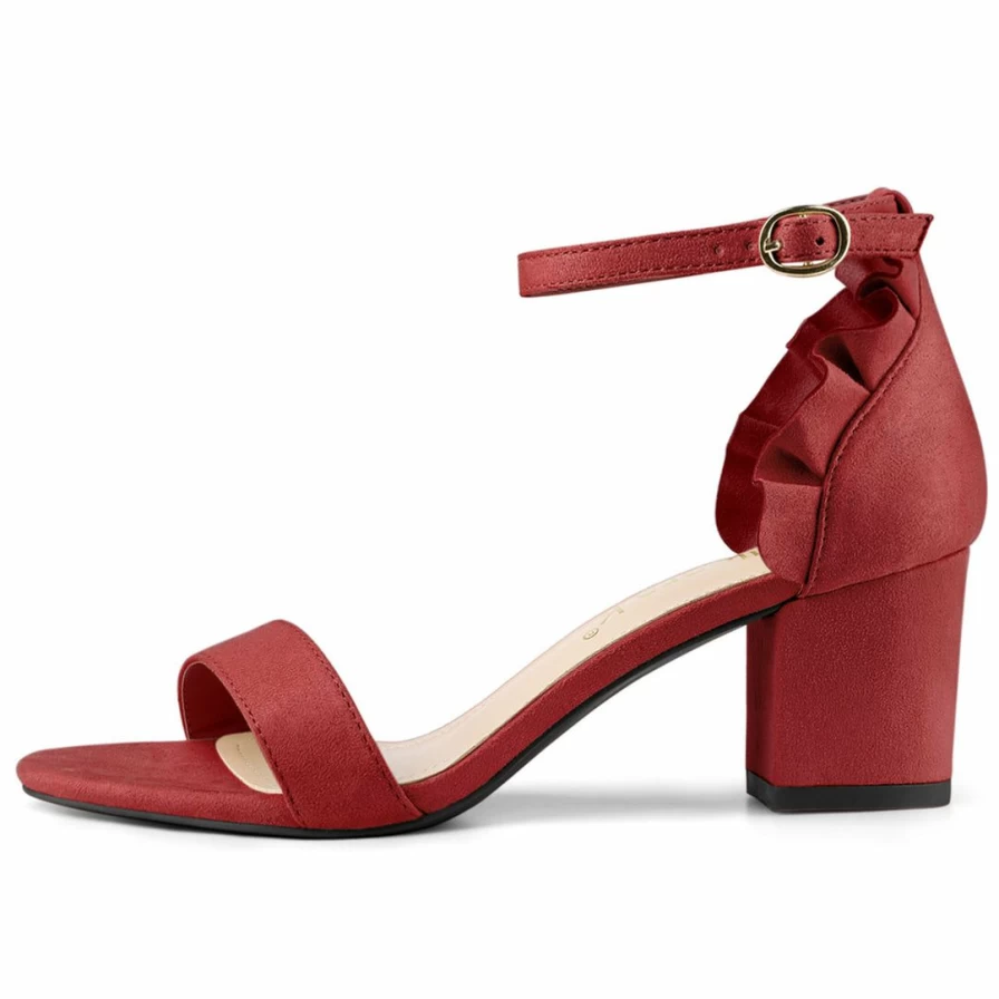 Allegra K Women's Block Heel Sandals with Ankle Strap and Ruffle Detail