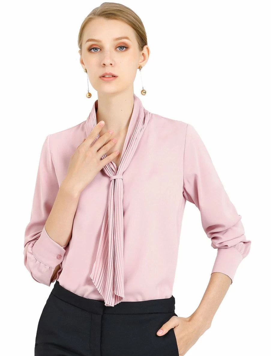 Elegant Women's Pleated Tie Neck Blouse Long Sleeve Office Work Top Shirt