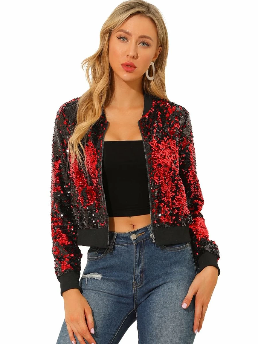 Red Sequin Bomber Jacket for Women - Long Sleeve Glitter Party Top Shiny Blazer