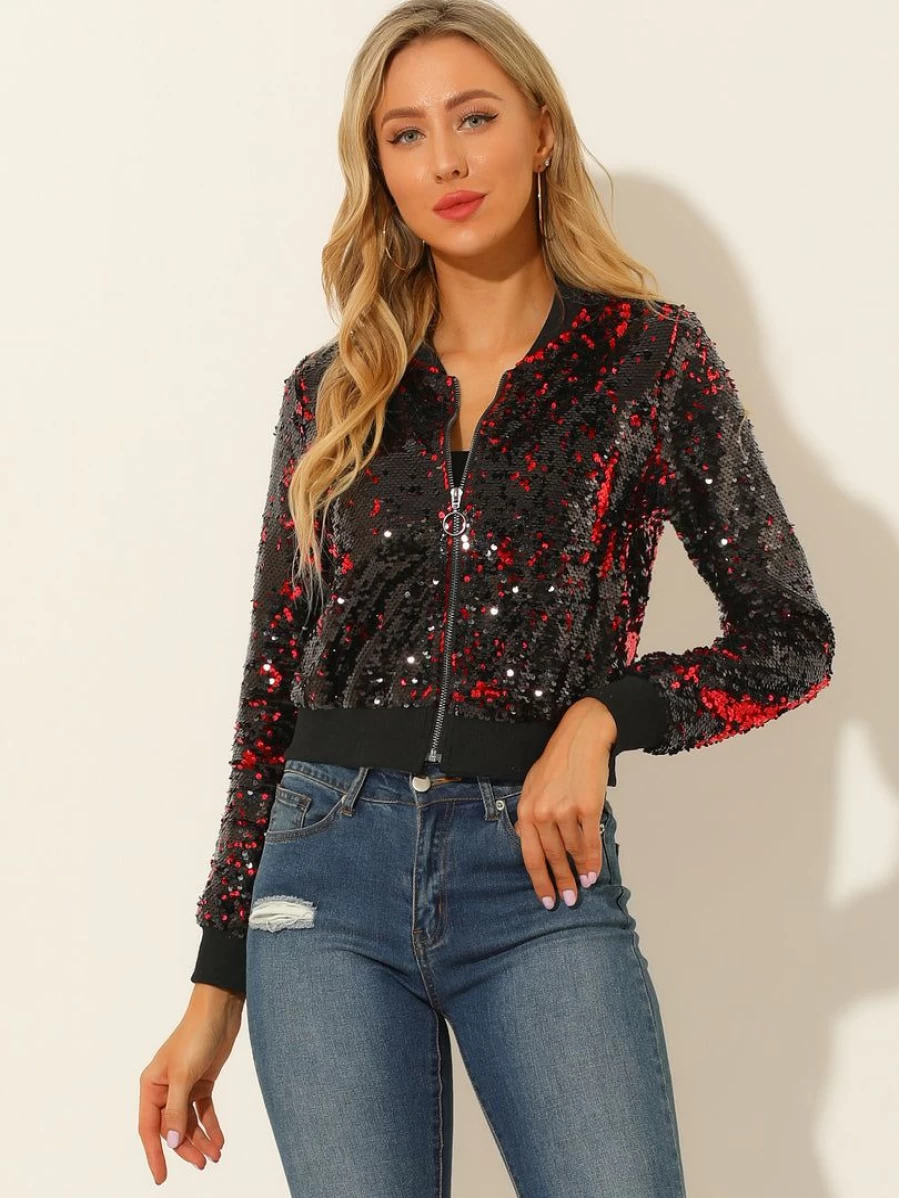 Red Sequin Bomber Jacket for Women - Long Sleeve Glitter Party Top Shiny Blazer