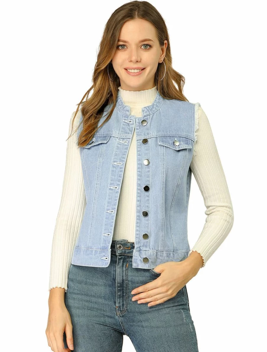 Blue Denim Washed Vest for Women - Button Down Stand Collar Cotton Trim