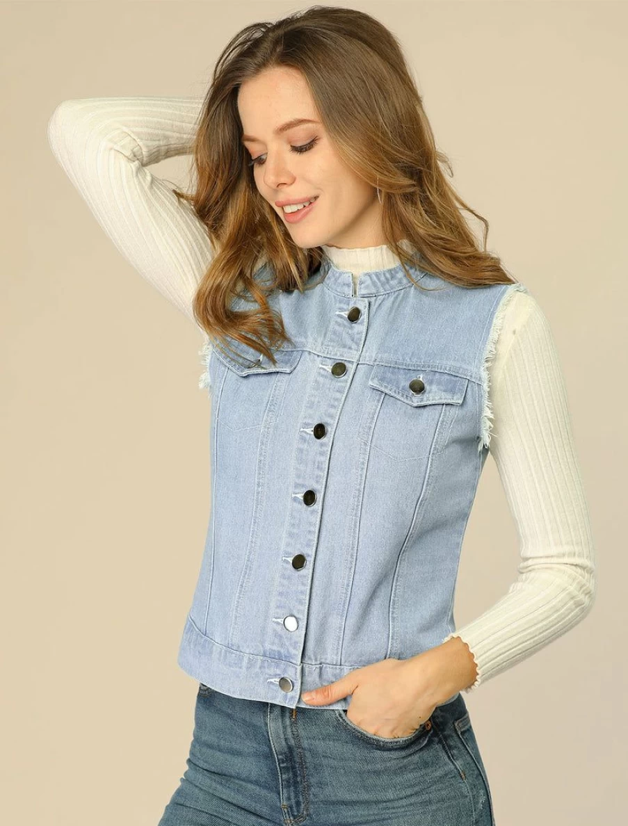 Blue Denim Washed Vest for Women - Button Down Stand Collar Cotton Trim