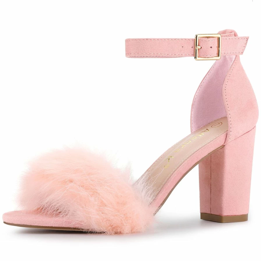 Women's Ankle Strap Faux Fur Block Heel Sandals - Comfortable Winter Dress Shoes with Chunky Heel