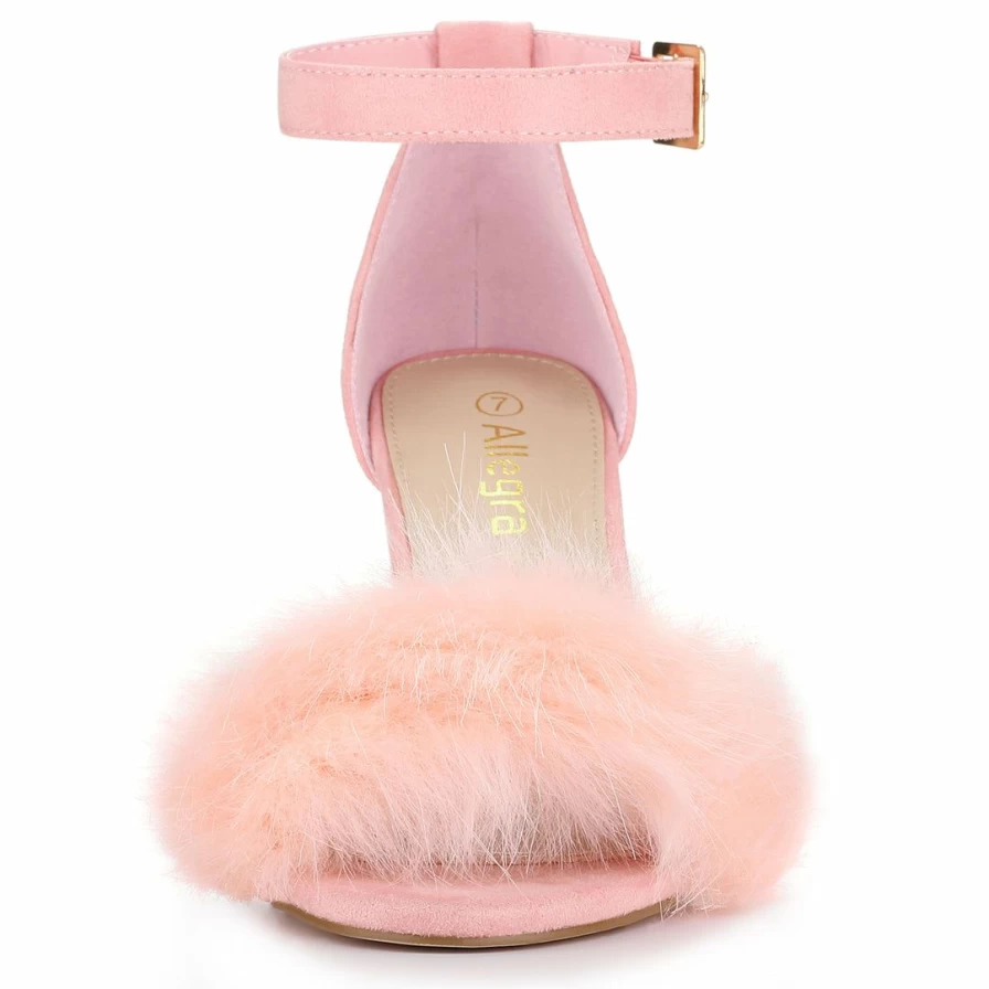 Women's Ankle Strap Faux Fur Block Heel Sandals - Comfortable Winter Dress Shoes with Chunky Heel