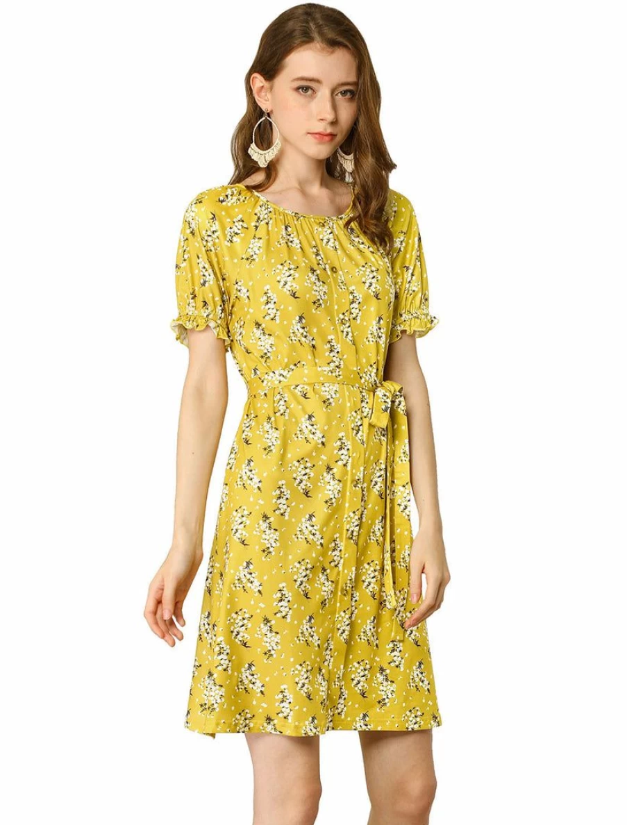 Allegra K Women's Yellow Floral Summer Dress with Ruffle Tie Waist Short Sleeve Casual