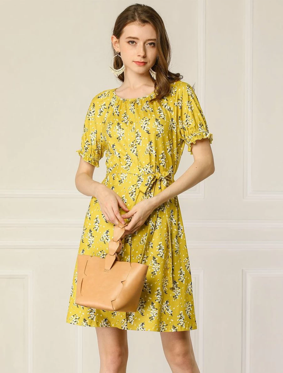 Allegra K Women's Yellow Floral Summer Dress with Ruffle Tie Waist Short Sleeve Casual