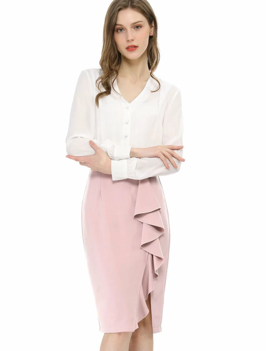 Allegra K Women's Pink Ruffle Slit Hem Bodycon Midi Skirt for Casual Office Wear