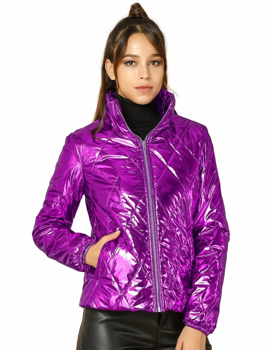 Women's Metallic Holographic Puffer Jacket with Quilted Design and Shiny Zipper